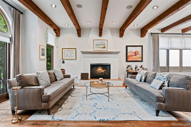 458 Adams St, Denver, CO 80206 - living room with wood finished floors, a large fireplace, recessed lighting, and beam ceiling