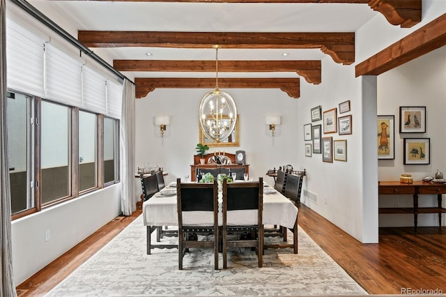 458 Adams St, Denver, CO 80206 - dining space with a chandelier, wood finished floors, and beamed ceiling