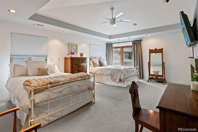 458 Adams St, Denver, CO 80206 - carpeted bedroom featuring ceiling fan, a tray ceiling, and recessed lighting