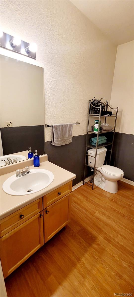 bathroom with vanity, hardwood / wood-style flooring, and toilet