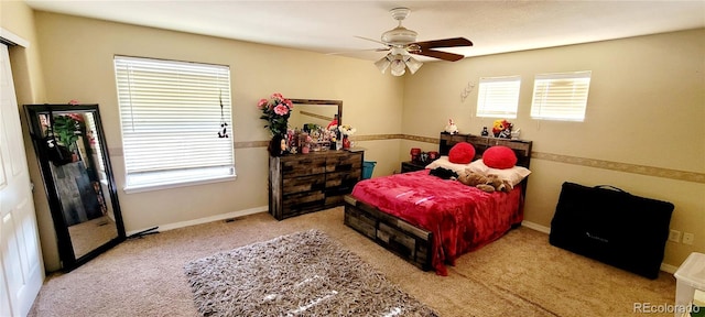 bedroom with light carpet and ceiling fan