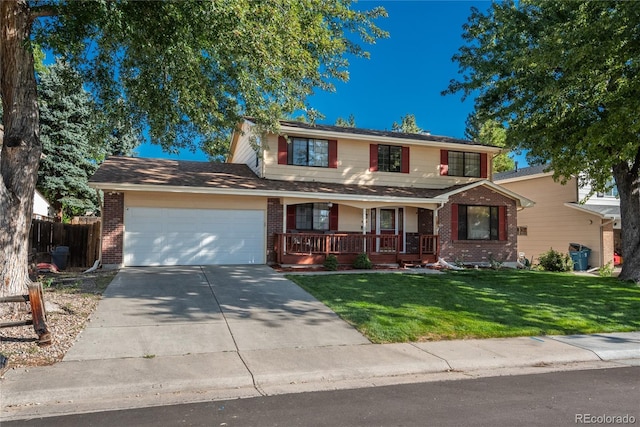 front of property featuring a garage, covered porch, and a front lawn