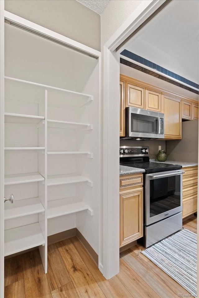 534 E 7th Ave Unit 101, Denver, CO 80203 - kitchen with appliances with stainless steel finishes, light wood-type flooring, and light brown cabinets