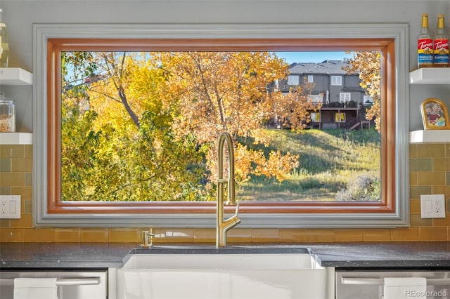 details with white cabinetry, dishwasher, sink, and backsplash