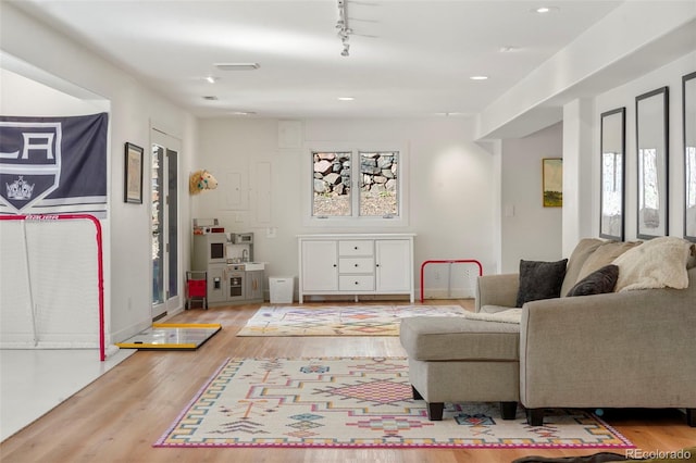 living room with rail lighting and light wood-type flooring