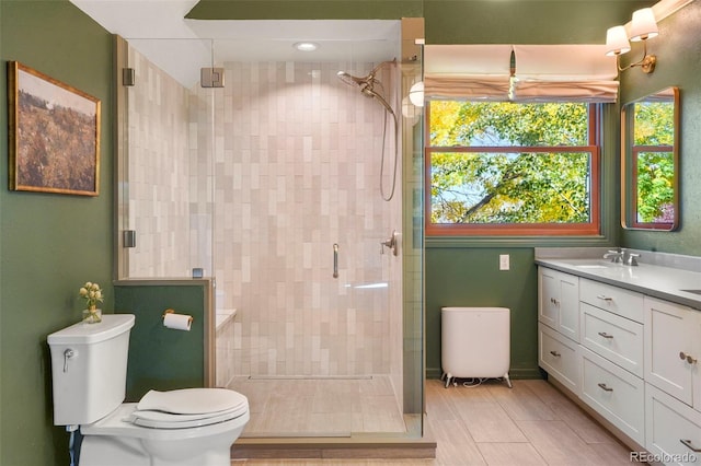 bathroom with vanity, toilet, and walk in shower