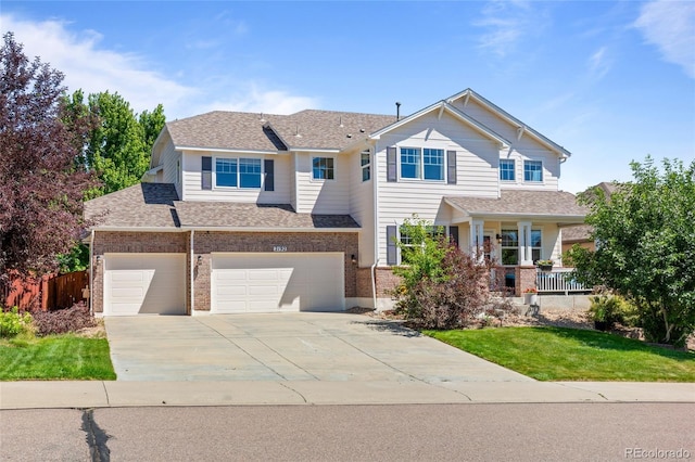2192 Paint Pony Cir, Castle Rock, CO 80108 - view of front of property with concrete driveway, an attached garage, brick siding, roof with shingles, and a porch