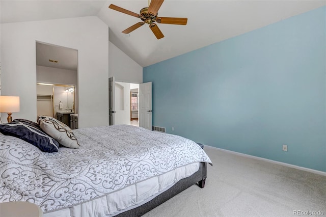 carpeted bedroom featuring ceiling fan, baseboards, visible vents, and high vaulted ceiling