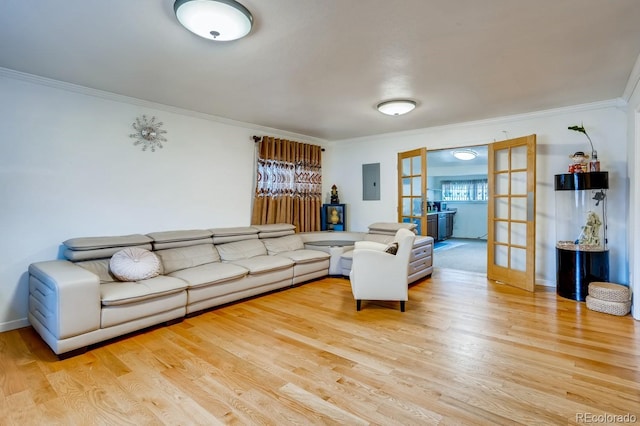 living area featuring wood finished floors, electric panel, ornamental molding, and french doors