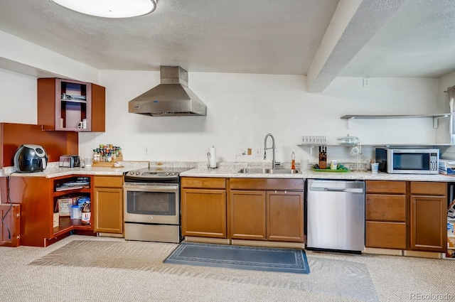 kitchen featuring light carpet, a sink, a textured ceiling, wall chimney range hood, and appliances with stainless steel finishes