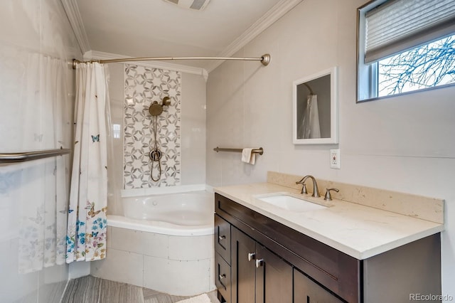 bathroom with shower / bath combination with curtain, crown molding, vanity, and visible vents