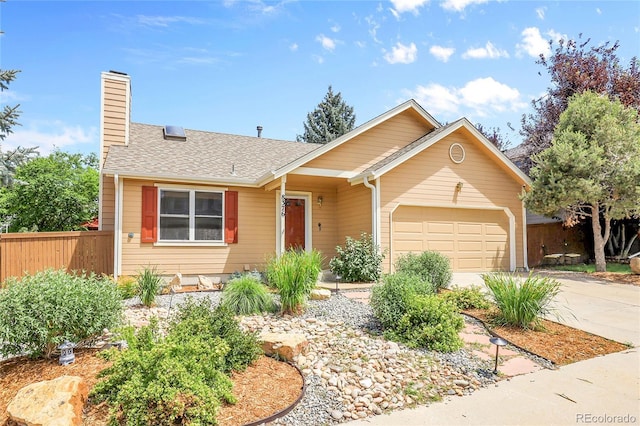 8376 Cobblestone St, Highlands Ranch, CO 80126 - view of front of property featuring a garage, concrete driveway, a chimney, and a shingled roof