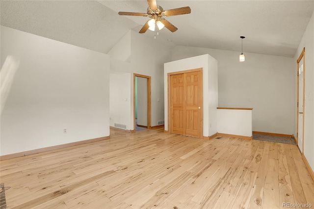 8376 Cobblestone St, Highlands Ranch, CO 80126 - unfurnished room featuring light wood-type flooring, ceiling fan, and high vaulted ceiling