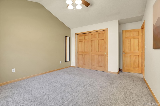 8376 Cobblestone St, Highlands Ranch, CO 80126 - unfurnished bedroom featuring vaulted ceiling, carpet flooring, a closet, and ceiling fan