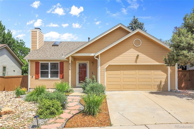 8376 Cobblestone St, Highlands Ranch, CO 80126 - view of front of property featuring an attached garage, concrete driveway, roof with shingles, and a chimney
