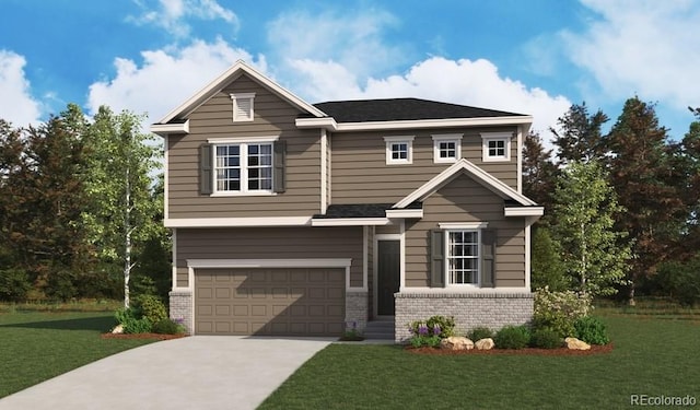 4471 Boone Cir, Brighton, CO 80601 - view of front of property with brick siding, concrete driveway, a garage, and a front lawn