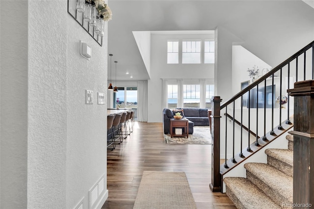 entrance foyer featuring a high ceiling and wood-type flooring