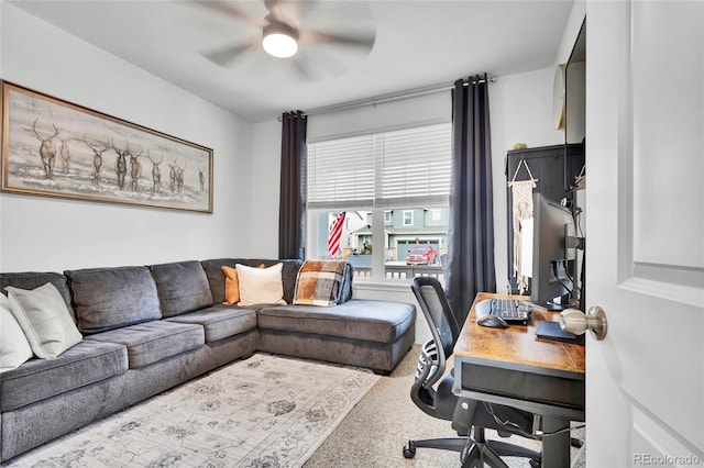 carpeted office featuring ceiling fan