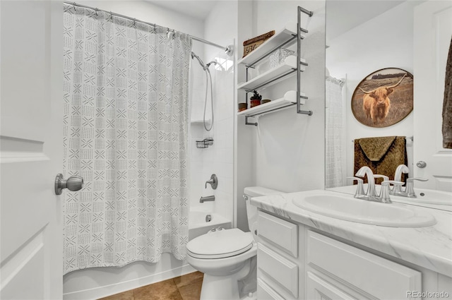 full bathroom with toilet, shower / bath combination with curtain, vanity, and tile patterned floors