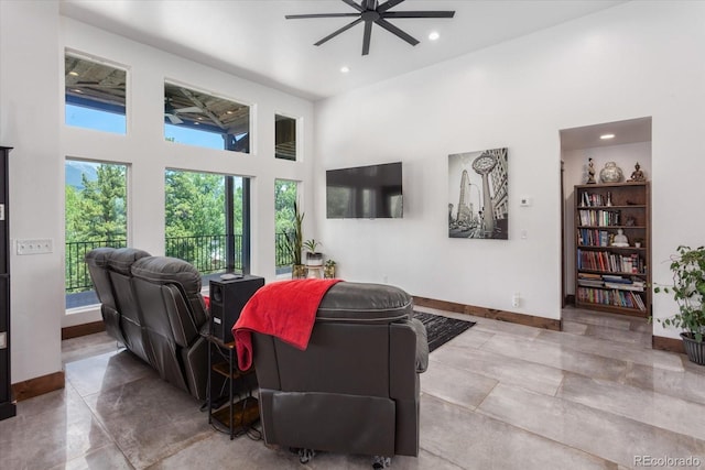 16985 County Road 306, Buena Vista, CO 81211 - living area featuring ceiling fan, a high ceiling, and recessed lighting