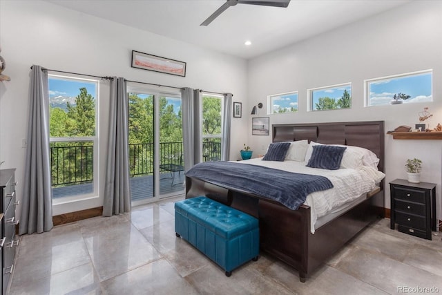 16985 County Road 306, Buena Vista, CO 81211 - bedroom featuring access to exterior, recessed lighting, a high ceiling, and ceiling fan