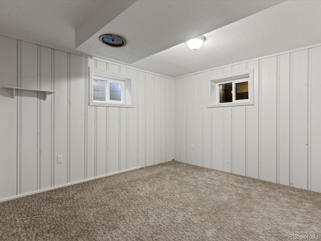 3560 S Glencoe St, Denver, CO 80237 - basement featuring carpet, a decorative wall, and a textured ceiling