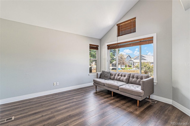 6230 Snowberry Ave, Firestone, CO 80504 - sitting room featuring high vaulted ceiling and dark wood-style floors