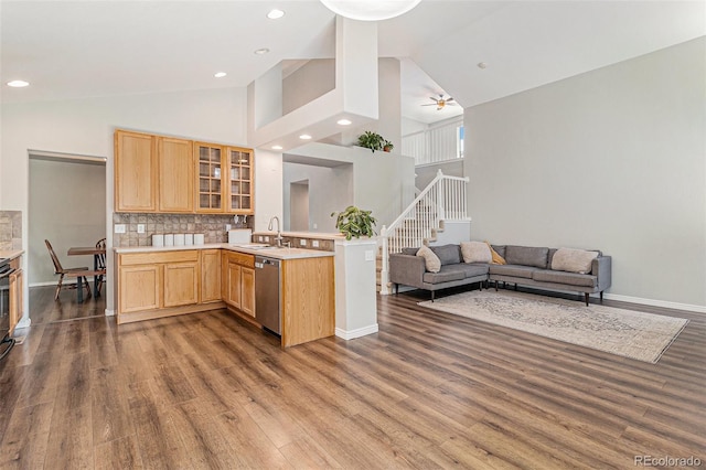 6230 Snowberry Ave, Firestone, CO 80504 - kitchen featuring light brown cabinetry, dishwasher, open floor plan, a peninsula, and recessed lighting