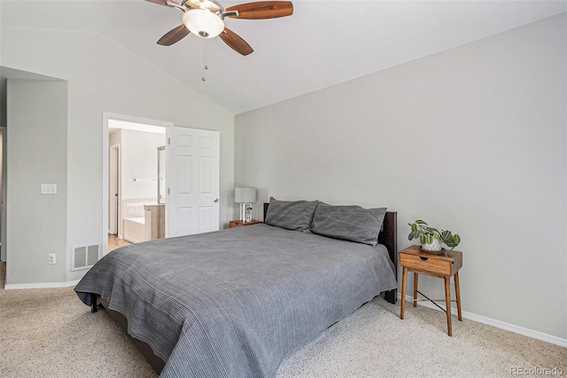 6230 Snowberry Ave, Firestone, CO 80504 - bedroom with vaulted ceiling, connected bathroom, and a ceiling fan