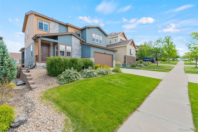 18180 W 84th Pl, Arvada, CO 80007 - view of front of property with driveway, stone siding, an attached garage, and a front lawn