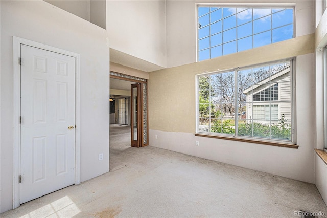 unfurnished room featuring carpet and a towering ceiling