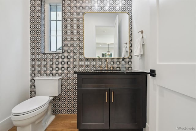 bathroom featuring vanity, hardwood / wood-style flooring, and toilet