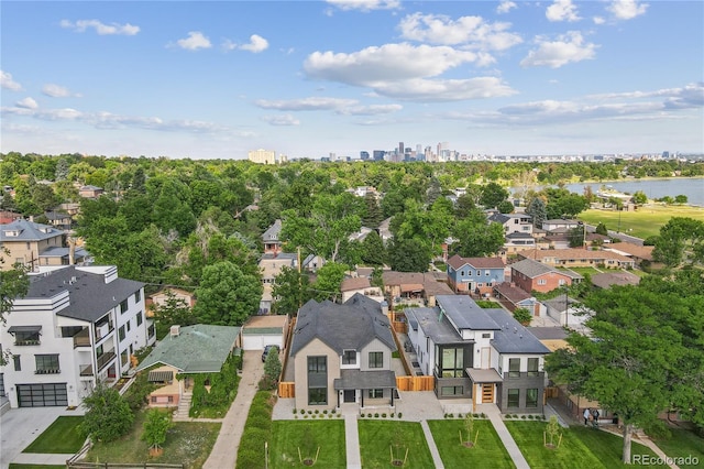 birds eye view of property featuring a water view