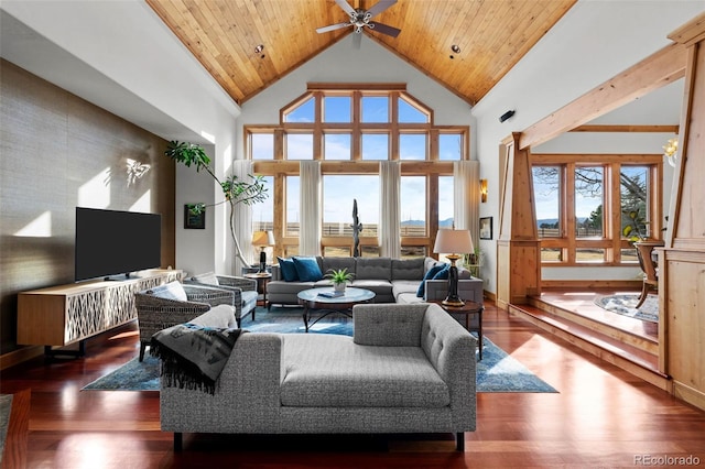 living room featuring ceiling fan, wood finished floors, high vaulted ceiling, and wooden ceiling