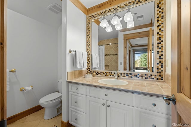 full bathroom with decorative backsplash, visible vents, tile patterned floors, vanity, and toilet