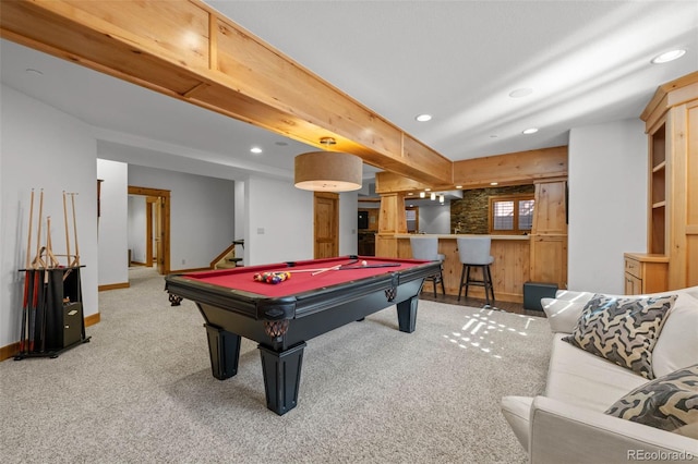 game room with recessed lighting, baseboards, billiards, and carpet