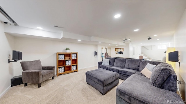 living room with light carpet, stairway, visible vents, and recessed lighting