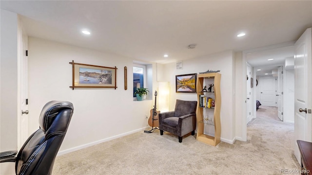 home office with recessed lighting, light carpet, and baseboards