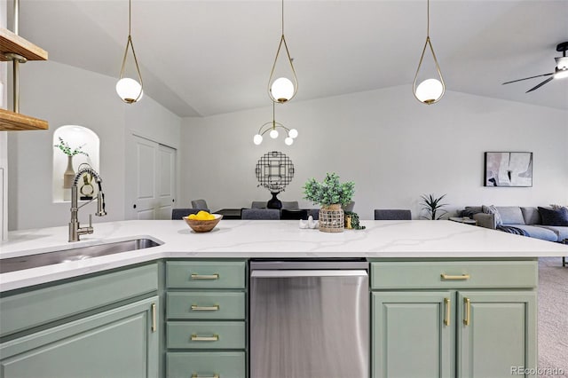 kitchen featuring stainless steel dishwasher, green cabinets, open floor plan, carpet, and a sink