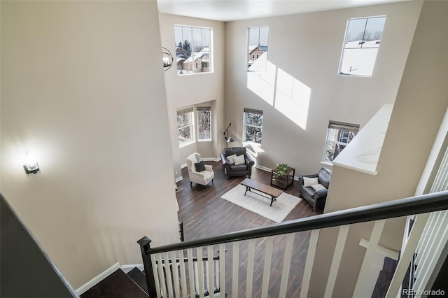 stairway featuring hardwood / wood-style flooring and a towering ceiling