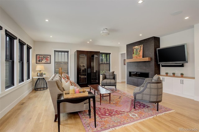 living room with a fireplace and light hardwood / wood-style flooring