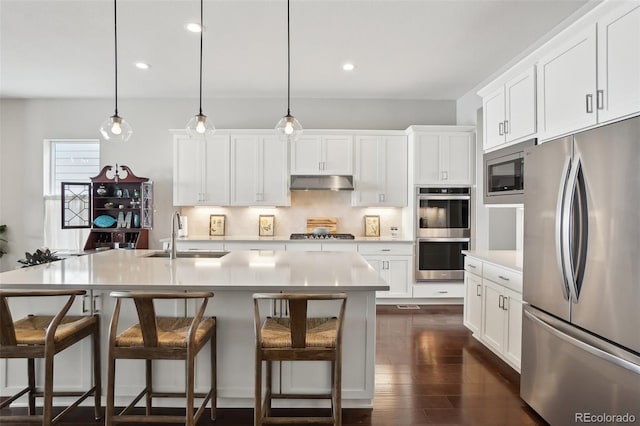 kitchen featuring decorative backsplash, dark wood-style floors, stainless steel appliances, under cabinet range hood, and a sink