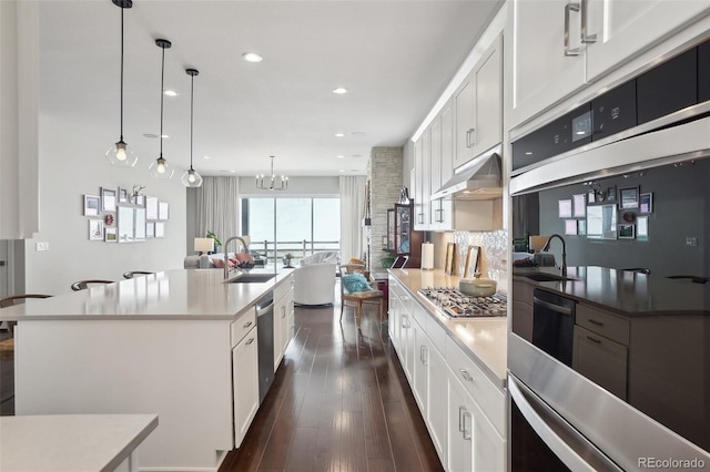 kitchen featuring dark wood-style flooring, decorative backsplash, appliances with stainless steel finishes, a sink, and under cabinet range hood