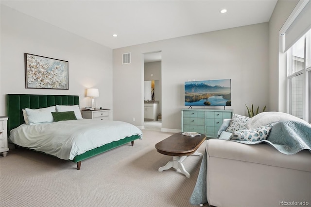 bedroom featuring baseboards, recessed lighting, visible vents, and light colored carpet