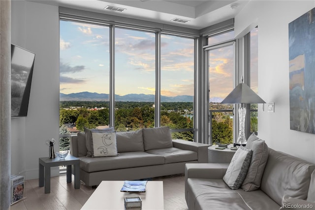 living room with a mountain view, hardwood / wood-style floors, and a healthy amount of sunlight