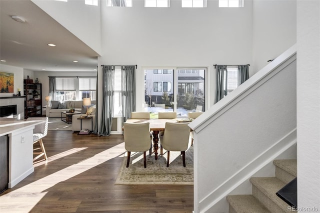 interior space featuring a towering ceiling and wood-type flooring