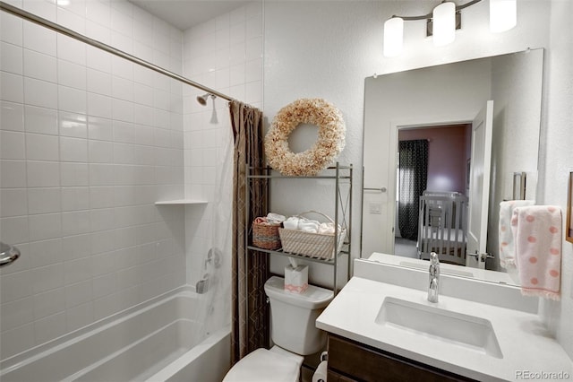 full bathroom with toilet, vanity, and shower / bath combo with shower curtain