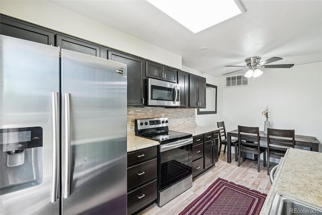 11941 Bellaire St Unit B, Thornton, CO 80233 - kitchen with appliances with stainless steel finishes, backsplash, dark cabinets, and light countertops