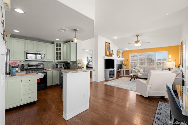 kitchen with open floor plan, appliances with stainless steel finishes, a fireplace, a peninsula, and green cabinetry