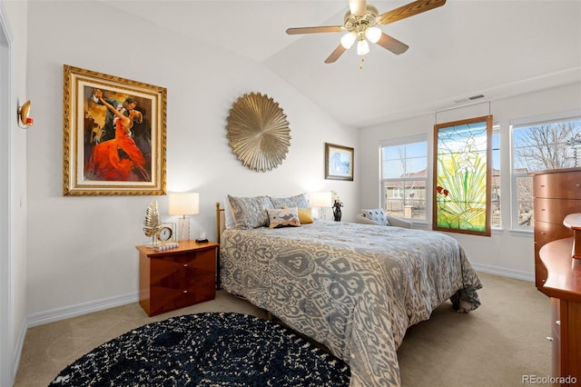 carpeted bedroom with visible vents, baseboards, a ceiling fan, and vaulted ceiling